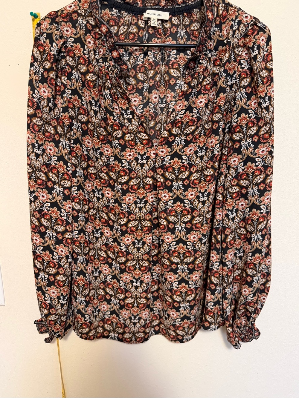 Max Studio Paisley Floral Long Sleeve Blouse Black Rust Boho